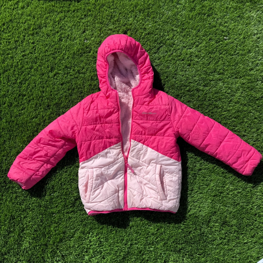 Eddie Bauer Girls S 7/8 Reversible Puffer Jacket Pink Faux Fur Hooded